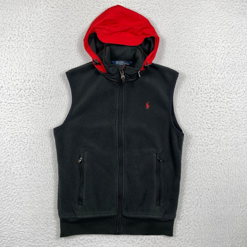 Polo Ralph Lauren Vest Mens M Black Polartec Fleece Red Hood Gorpcore Streetwear